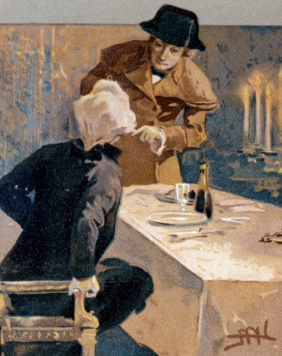 プッチーニ（1858-1924）のオペラ「トスカ」の場面を描いたレオポルド・メトリコヴィッツ（1868-1944）の絵はがき。 作： Leopoldo Metlicovitz