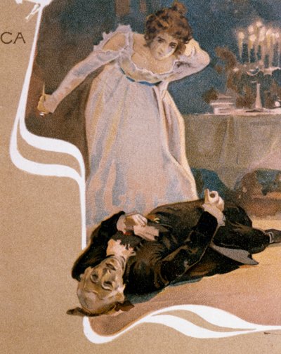 ジャコモ・プッチーニ (1858-1924) のオペラ「トスカ」の場面を描いた、レオポルド・メトリコヴィッツ (1868-1944) の絵はがき 作： Leopoldo Metlicovitz