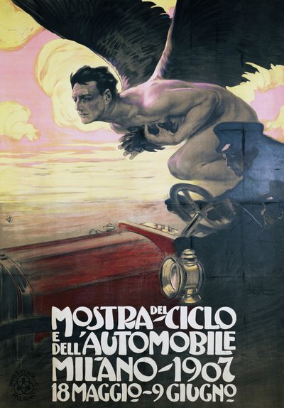 5月18日から6月9日までミラノで開催される自動車と自転車の展示会のポスター 作： Leopoldo Metlicovitz