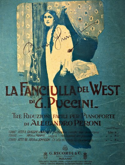 レオポルド・メトリコヴィッツ (1868-1944) による、ジャコモ・プッチーニ (1858-1924) によるオペラ「西の黄金の少女」のためのアレッサンドロ・ペローニによるピアノ削減のタイトルページ 作： Leopoldo Metlicovitz