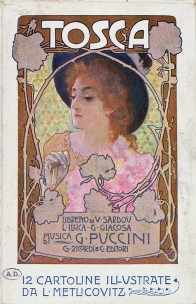 プッチーニ作曲のオペラ「トスカ」のスコアシートのタイトルページ、1910年頃（カラーリトグラフ 作： Leopoldo Metlicovitz