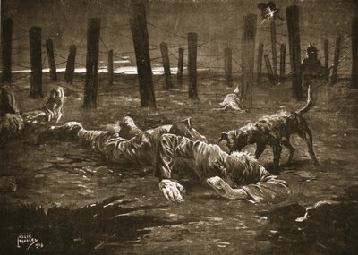 敵のワイヤーの絡み合いの前で犬に発見されたことで偽りの死を装ったバージ軍曹 作： Leslie Mosley