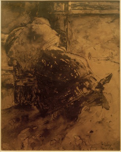 暖炉のそばで女性 作： Lesser Ury