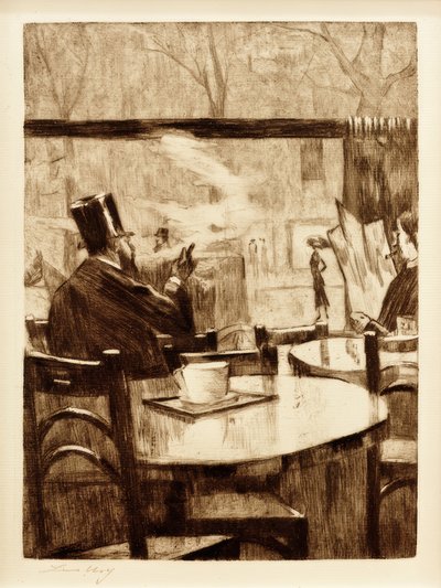 喫茶店の窓の前にシルクハットを持つ紳士-背面図 作： Lesser Ury