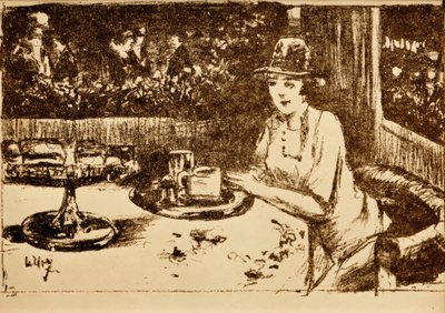 コーヒーハウスで。ポーチのテーブルで女性 作： Lesser Ury