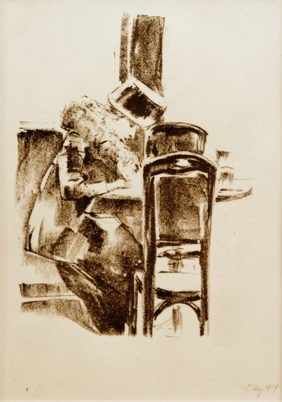 帽子とボアのコーヒーで女性を書く 作： Lesser Ury