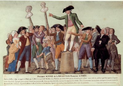 パリにおけるフランス革命の最初の場面：1789年12月7日、国王がジャック・ネッケルを解任した後、カミーユ・デムーランがパレ・ロワイヤルで群衆に嫌がらせをし、政府に対する反乱を呼びかけた。ジャック・ネッケルとルイ・フィルの胸像 作： Lesueur Brothers