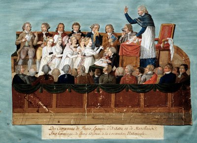 フランス革命。「国民会議に宝石を捧げるパリ市民」イラスト・デ・フレール・レスール（18世紀）。1792-1795.Paris, musee Carnavalet - イギリス革命 - "国民会議に宝石を献上するパリ市民 作： Lesueur Brothers