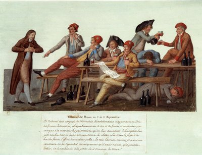 1789年のフランス革命。「9月2日と3日の監獄法廷」 革命法廷を風刺的に表現したもので、メンバーは司法権を持たず、ワインを飲んだりタバコを吸ったりして事件を判断する。Lesueur兄弟のガッシュ 作： Lesueur Brothers
