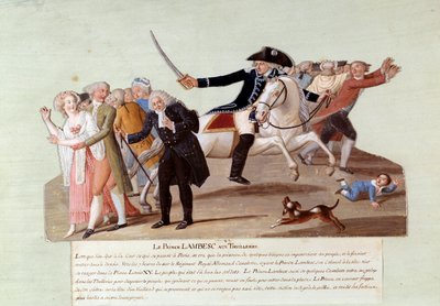 1789年のフランス革命。7月12日、チュイルリー宮殿で革命派の最初のデモを鎮圧しようとするランベスク王子。ルスール兄弟のガッシュ（18世紀 作： Lesueur Brothers