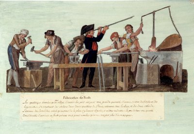 1789年のフランス革命。"manufacturing of rifles" 鍛冶屋による武器の製造のさまざまな段階。グワッシュ・デ・フレール・レズール（Gouache des freres Lesueur 作： Lesueur Brothers
