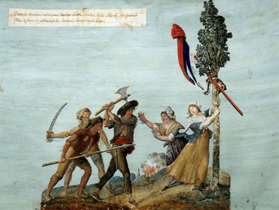 フランス革命。"強盗がリベルテの木を撃ち落とそうとするが、涙を流した若い娘たちがそれを阻止する。"1793年に反革命の動乱が多発したヴァンデ戦争のエピソードである。レズール兄弟のガッシュ。1793.Mus 作： Lesueur Brothers