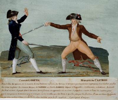 フランス革命：1790年11月12日、制憲議会の代議員シャルル・ラメス（1757-1832）と貴族の代議員カストリ侯爵（1756-1842）が決闘を行う。カストリーズ侯爵はラメスに傷を負わせ、ジャコバン派の人々は彼のホテルに押しかけた。グワッシュ 作： Lesueur Brothers