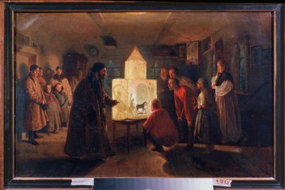 農民の家の魔法のランタン - Lev Grigorievich Solovyev（1837-1919）による絵画、キャンバスに油彩 作： Lev Grigoryevich Solovyev