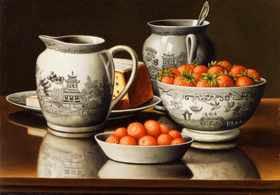 磁器とイチゴのある静物 作： Levi Wells Prentice