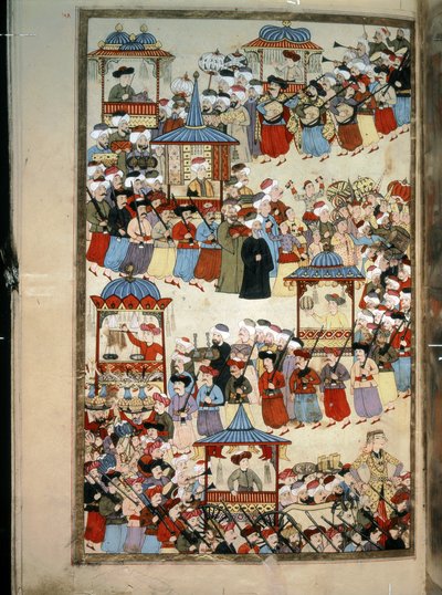 OTTOMAN EMPIRE：「音楽家、ダンサー、仕立て屋、小間物職人などのギルドのパレード」。 作： Levni Levni