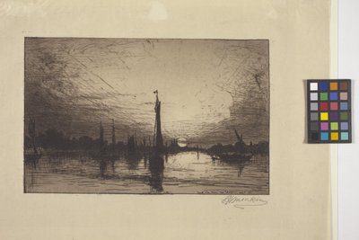ケルン近くのライン川の夕日 (エッチング) 作： Lewis Henry Meakin