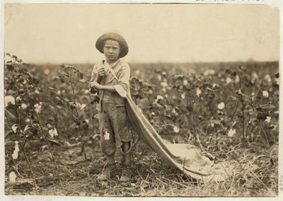 1916年、オクラホマ州のコマンチ郡で、約20ポンドの綿をバッグに入れた6歳のウォーレンフレークス 作： Lewis Wickes Hine