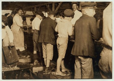 Dunbar、Lopez、Dukate Co、Biloxi、ミシシッピ、1911年の8歳のマックスを含むエビピッカー 作： Lewis Wickes Hine