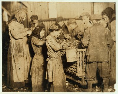 1913年、サウスカロライナ州ヤングス島のVarn und Platt Canning Companyで約10匹のカキを開封した稚魚 作： Lewis Wickes Hine