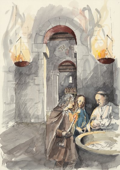リンカンシャー、バートン・アポン・ハンバー、セント・ピーターズ教会での洗礼（紙に水彩画） 作： Liam Wales