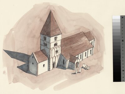 ノルマン時代のサン・ピエトロ教会の復元図（紙に水彩画） 作： Liam Wales