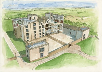 1620年のハードウィック・オールド・ホールの復元（紙に水彩画） 作： Liam Wales