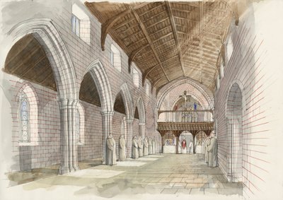 1530年頃、シャップ修道院の修道院教会身廊の復元（紙に水彩画） 作： Liam Wales