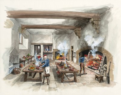 1601年のハードウィック・オールド・ホールのキッチンの復元（紙に水彩画） 作： Liam Wales