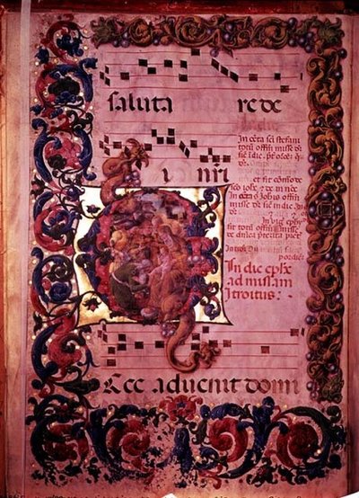 アンチフォナールからの、マギの崇拝を描いた歴史的な頭文字Gが付いた音楽のページ、1473-79年 作： Liberale da Verona