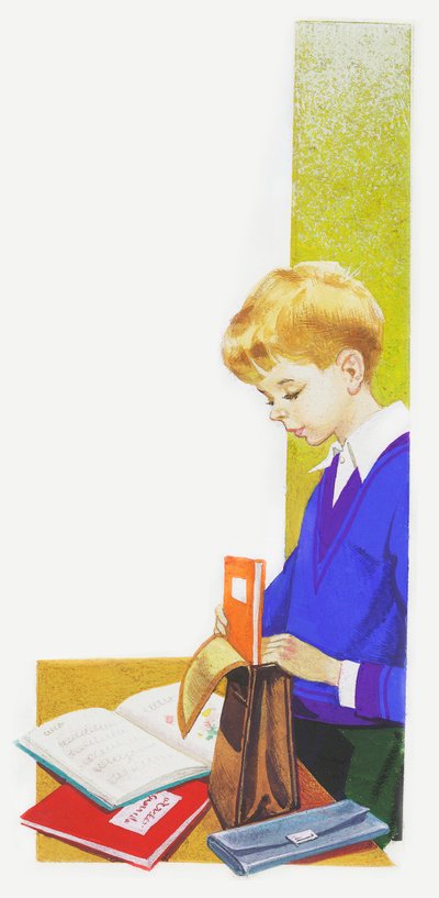学校に行くためにフォルダを用意する少年、絵を描く 作： Unbekannt Unbekannt