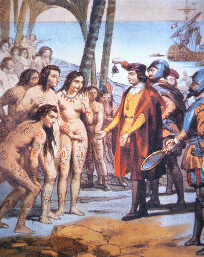 1492年、新大陸に上陸したクリストファー・コロンブスは、タイノ族のインディアンに迎えられた（カラーリトグラフ）。 作： Unbekannt Unbekannt