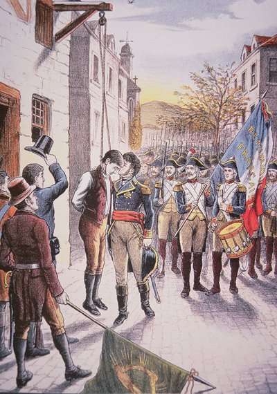 吊るされたアイルランドの反乱軍Patrick Walshにキスをするフランスの将軍Jean Sarrazin（カラーリトグラフ）。 作： Unbekannt Unbekannt