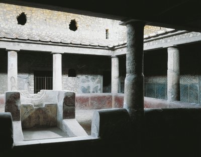 イタリア、カンパニア州、オプロンティ、トッレ・アンヌンツィアータの考古学的エリア、ローマ時代のヴィラ・ポッパエア、庭園に水を撒くための噴水を備えた小さな屋内アトリウム 作： Unbekannt Unbekannt