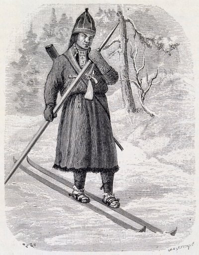 1884年にAdolf Erick Nordenskjoldが主催したクロスカントリースキー大会で優勝したラップランドの選手、Lars Tuorda、墨絵 作： Unbekannt Unbekannt