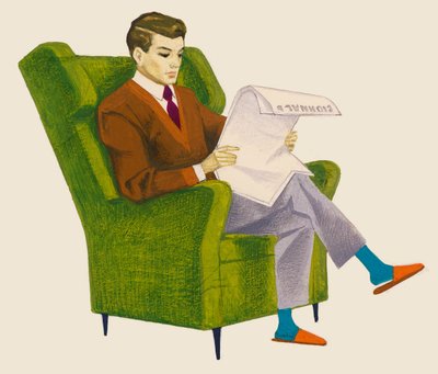 肘掛け椅子に座って新聞を読む男性、絵を描く 作： Unbekannt Unbekannt