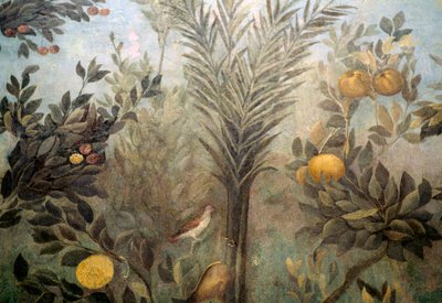 ザクロの木（イタリア・ローマ、パラティーノの丘にある「リヴィアの家」の果樹と鳥のいる庭を描いたフレスコ画の詳細）。ローマ文明 作： Unbekannt Unbekannt