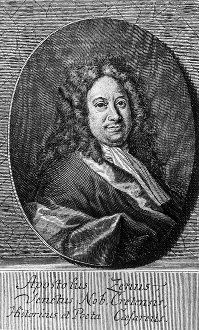 イタリアの詩人、作詞家、ジャーナリスト、文学者であるアポストロ・ゼノ（1668～1750年頃）の肖像、エングレーヴィング 作： Unbekannt Unbekannt