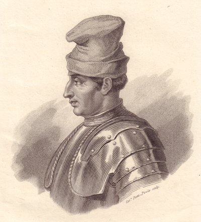 イタリアの軍事指導者Niccolo Fortebraccio（別名Della Stella）（1389-1435）の肖像、Caterina Piotti-Pirolaによる銅版画 作： Unbekannt Unbekannt