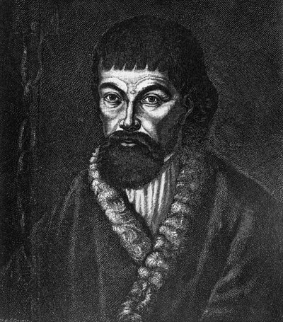 1773年から1774年にロシアで起きたコサックと農民の大反乱の指導者、イェメリアン・イヴァノヴィチ・プガチョフ（約1742年から1775年）の肖像、油彩画の後のエングレーヴィング。 作： Unbekannt Unbekannt