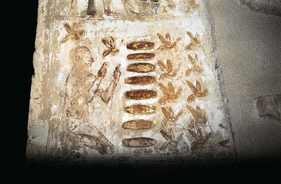 養蜂の様子を描いた壁画（アサジフ、パバサの墓より、ハイパエトラル・コートの柱に描かれている）（写真 作： Unbekannt Unbekannt
