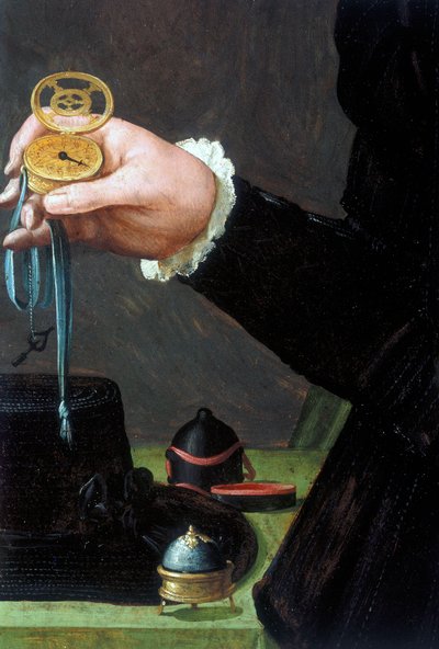 時計、腕時計、アナログ 1558年頃、時計を持つ男性の肖像画の細部 作： Unbekannt Unbekannt