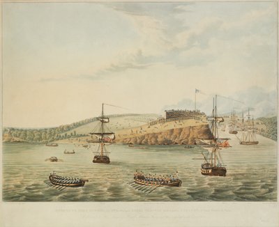 北アメリカ、オンタリオ湖のフォートオスウィーゴへの攻撃。 1814年5月6日、正午、および第2大隊ロイヤルマリーンズと、12時15分過ぎの海兵隊によるストミングフォートオスウィーゴ、R。ハヴェルによる彫刻、1815 作： Lieutenant J. Hewitt