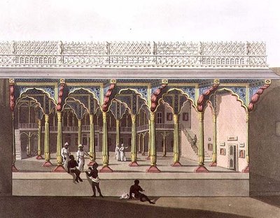 バンガロールのティンプー宮殿の西正面、ジョセフ・コンスタンティン・スタドラー（fl.1780-1812）が彫刻し、エドワード・オルム（1774-c.1820）が出版した「マイソール王国の絵入り風景」のプレート10（アクアチント）。 作： Lieutenant James (after) Hunter