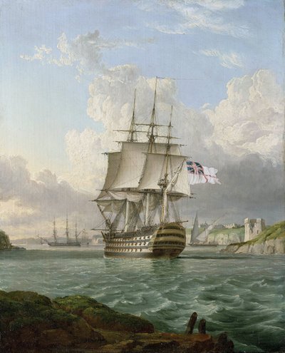 地中海の港（おそらくマルタ）を出港する1820年建造の120門艦、HMS「ブリタニア号 作： Lieutenant Robert Strickland Thomas