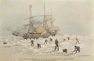 トレーディングジャーニーのインシデント：1836年9月27日、凍った海峡で氷に投げ込まれた後に現れたHMSテロ 作： Lieutenant Smyth