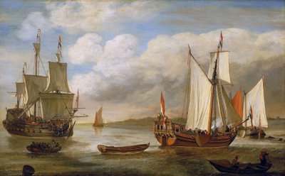 帆船、船、はしけなど、さまざまなオランダの船。リーベ・ピーターシュ・フェルシュイエ（1630-1686）作、キャンバスに油彩。 作： Lieve Verschuier