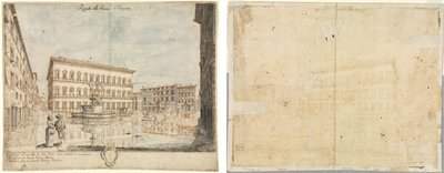 ローマの 18 のビュー: ファルネーゼ広場 (直腸)。 カルトゥーシュ（裏） 作： Lievin Cruyl