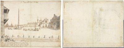 ローマの 18 のビュー: ポポロ広場 (直腸)。 ラテラーノのサン・ジョヴァンニのスケッチ (裏面) 作： Lievin Cruyl