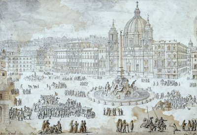 ローマのナヴォーナ広場、Lievin Cruyl (1640-1720)、イタリア 作： Lievin Cruyl
